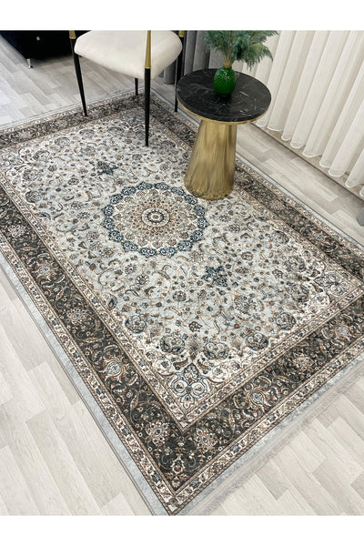 GRAY Traditional Motif FRINGED Classic Non-Slip Base Rug