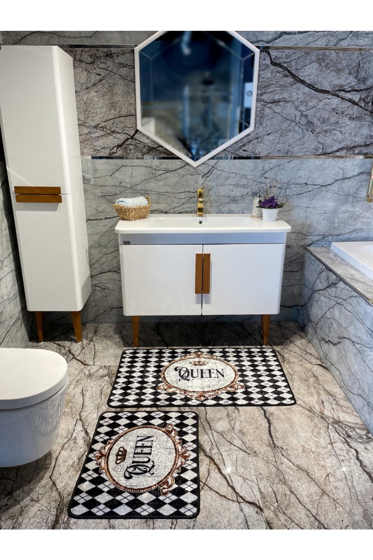 2'li Quenn Sloganlı Banyo Paspası Gri (ebat 60x100 - 60x50 )