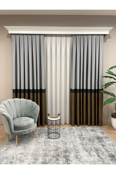 Panel Pattern Jacquard 1/3 Dense Pleat Blackout Curtain - Bottom: Mustard-Navy / Top: Gray