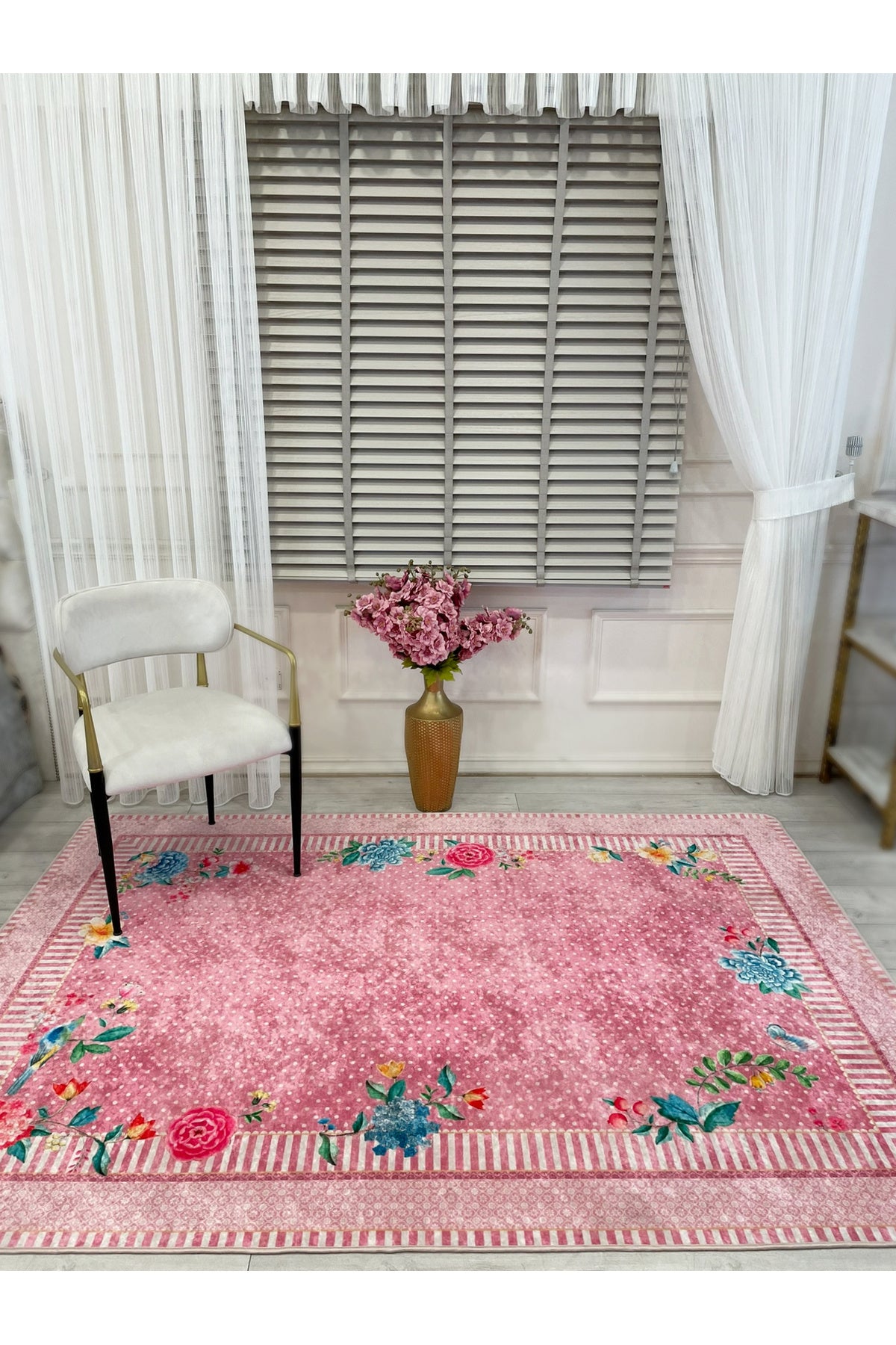 Blue Ground Rose Pattern Non-Slip Rug