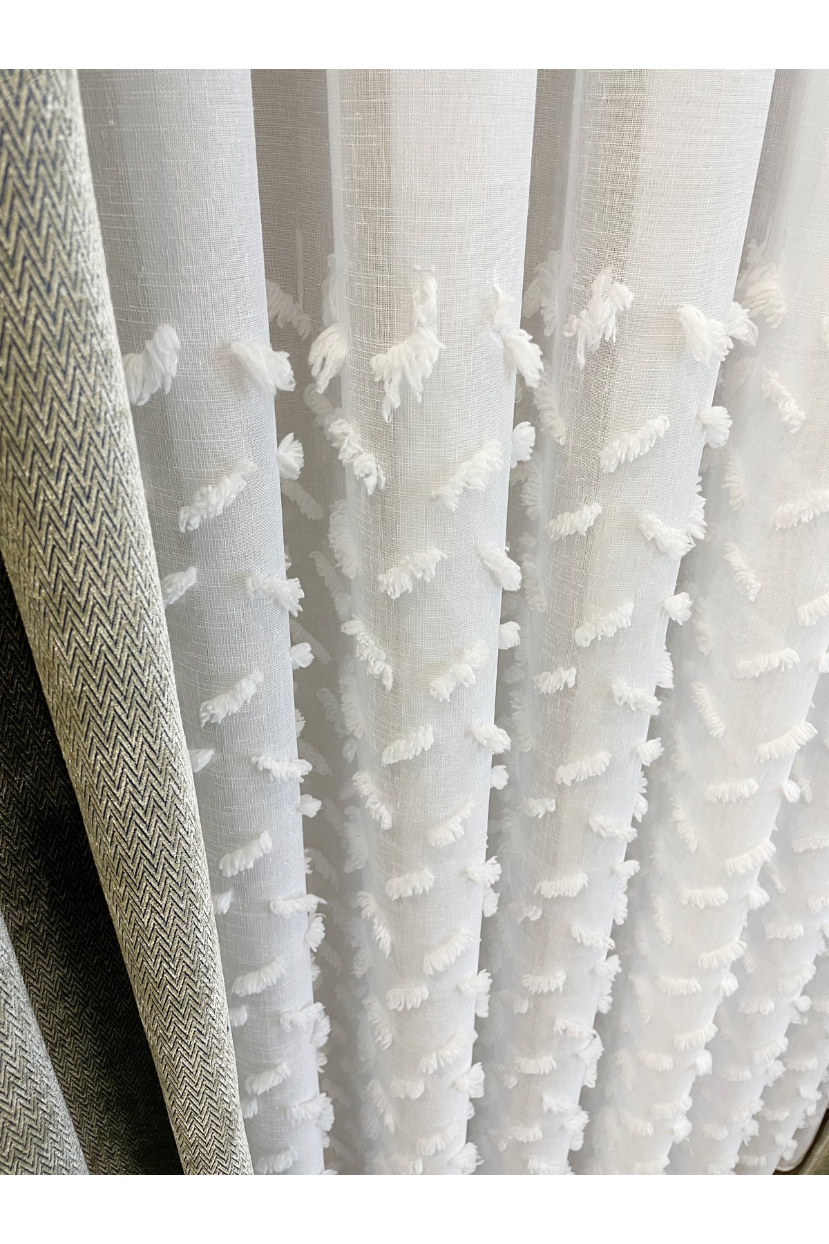 Ecru/Off-White 1/3 Dense Pleated Pompom Puffy Linen-Look Sheer Curtain