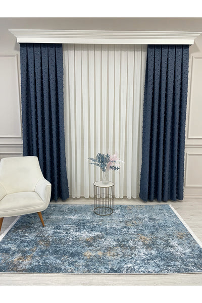 Indigo Blue Pompom Puffy Blackout Curtain 1/3 Dense Pleat