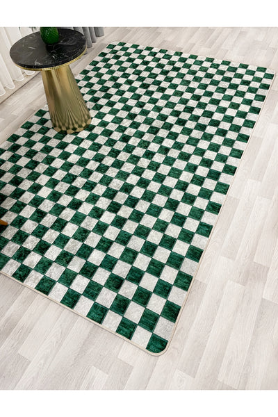 Beige Green Checkered Non-Slip Base Rug