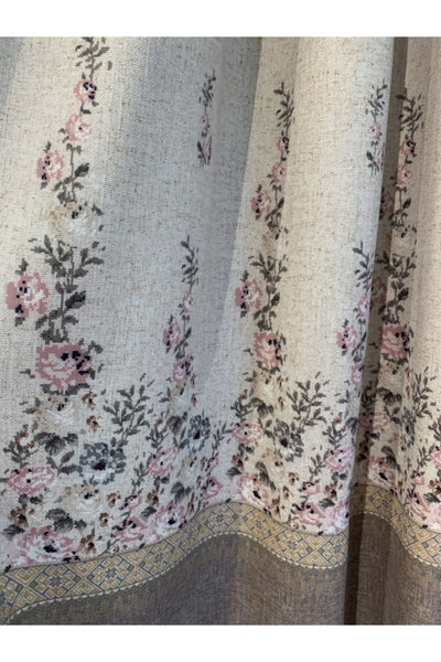 Country Collection 1/3 Dense Pleated Natural Linen Floral Blackout Curtain