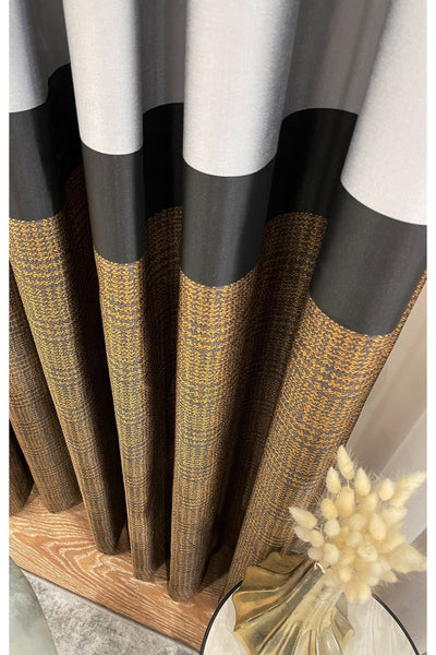 Panel Pattern Jacquard 1/3 Dense Pleat Blackout Curtain - Bottom: Mustard-Navy / Top: Gray