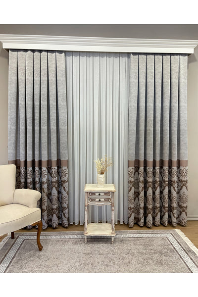 Gray Brown Damask Pattern Jacquard 1/3 Tight Pleat Jacquard Blackout Curtain