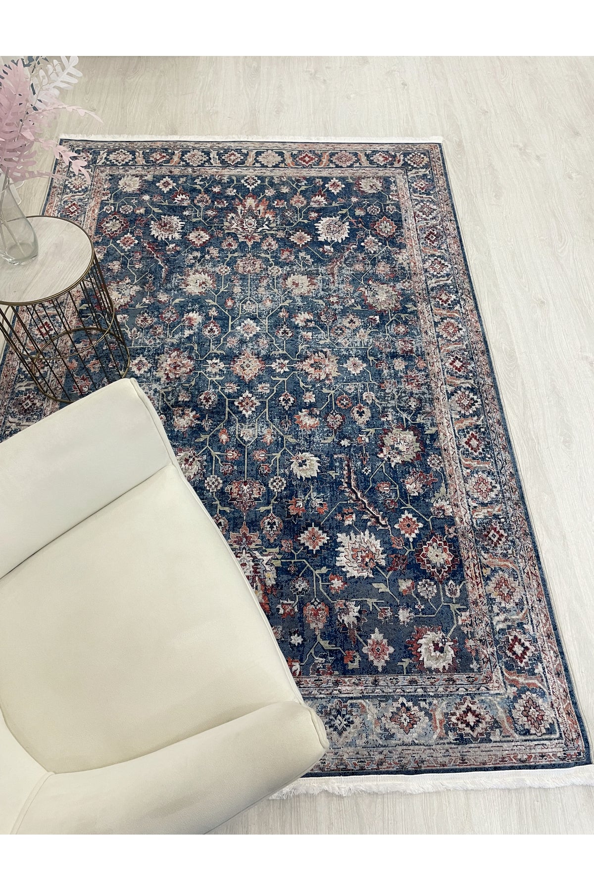 Navy Blue Distressed Look Latex Non-Slip Base Rug