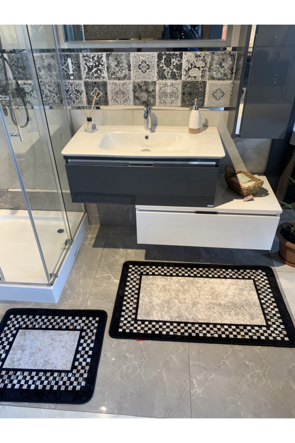 Melany Checkered 2-Piece Latex Base Bathroom Mat Set (60x50 - 60x100)