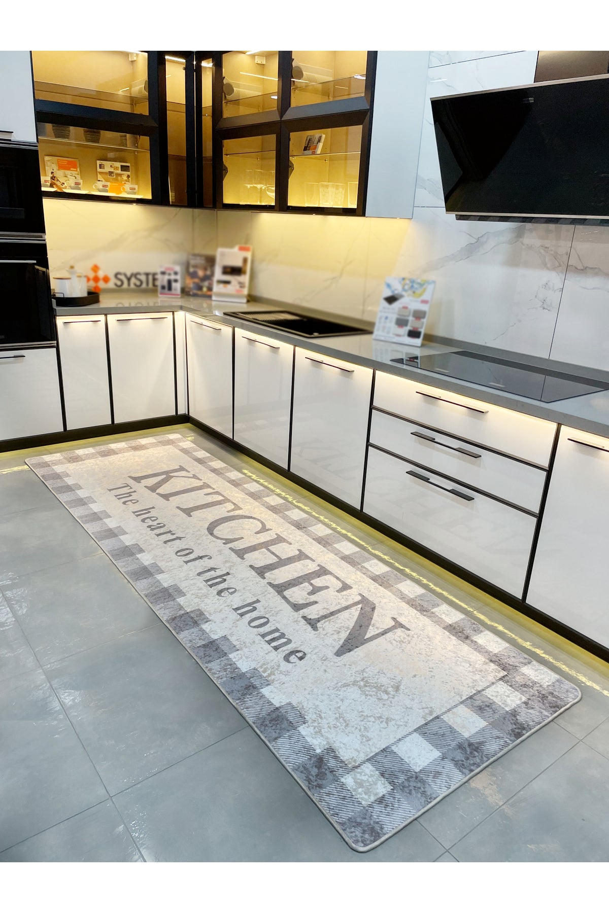 Beige Black Kitchen Latex Leather Base Kitchen Rug