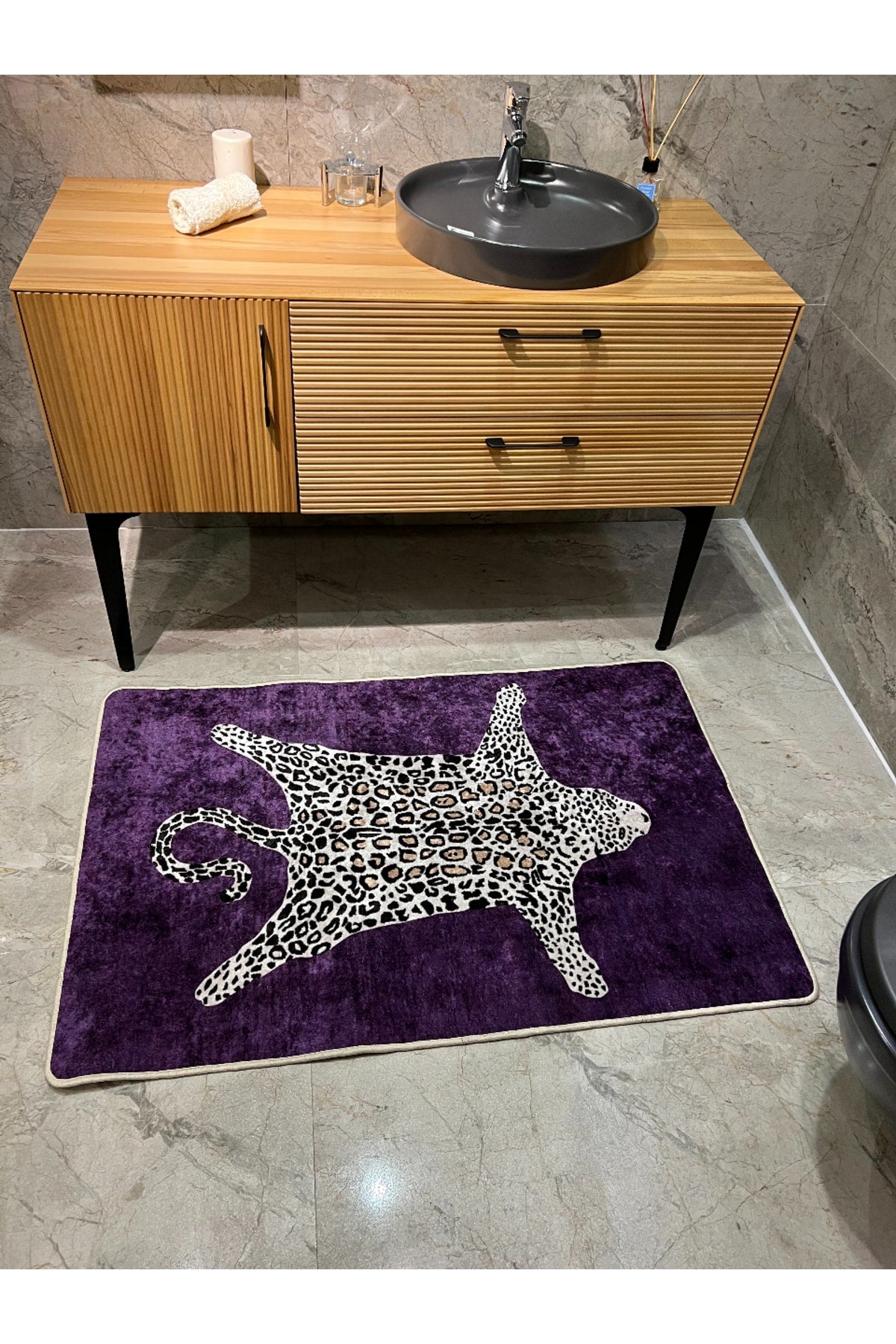 Leopard Pattern Washable 60x100 Single Bath Mat - Purple