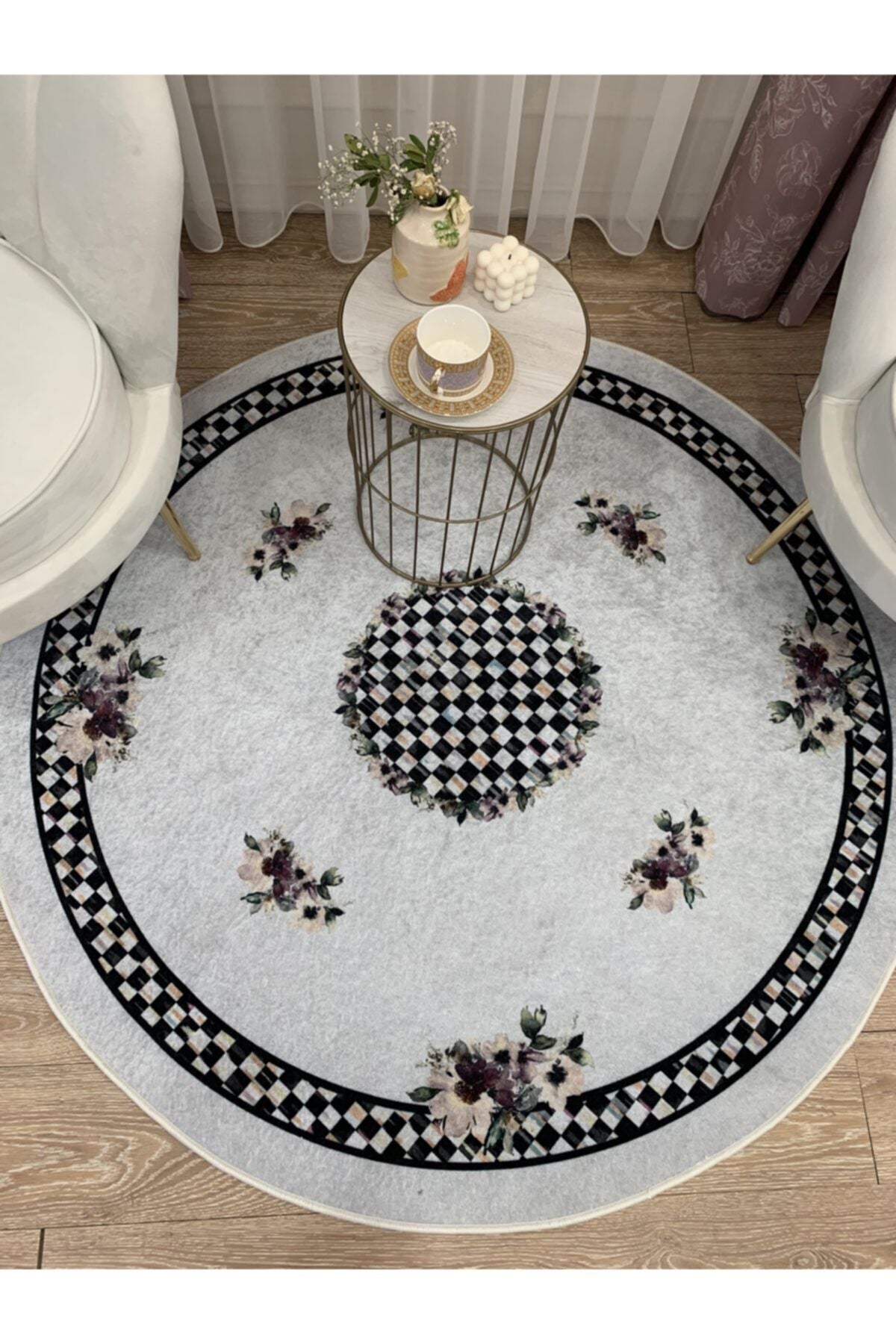 Gray Black Checkered Fringeless Round Latex Rug 150x150