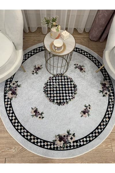 Gray Black Checkered Fringeless Round Latex Rug 150x150