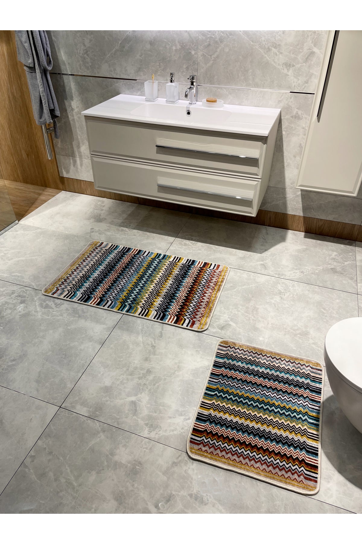Zigzag Patterned 2-Piece Leather Base Bathroom Mat Set (60x100 - 60x50)