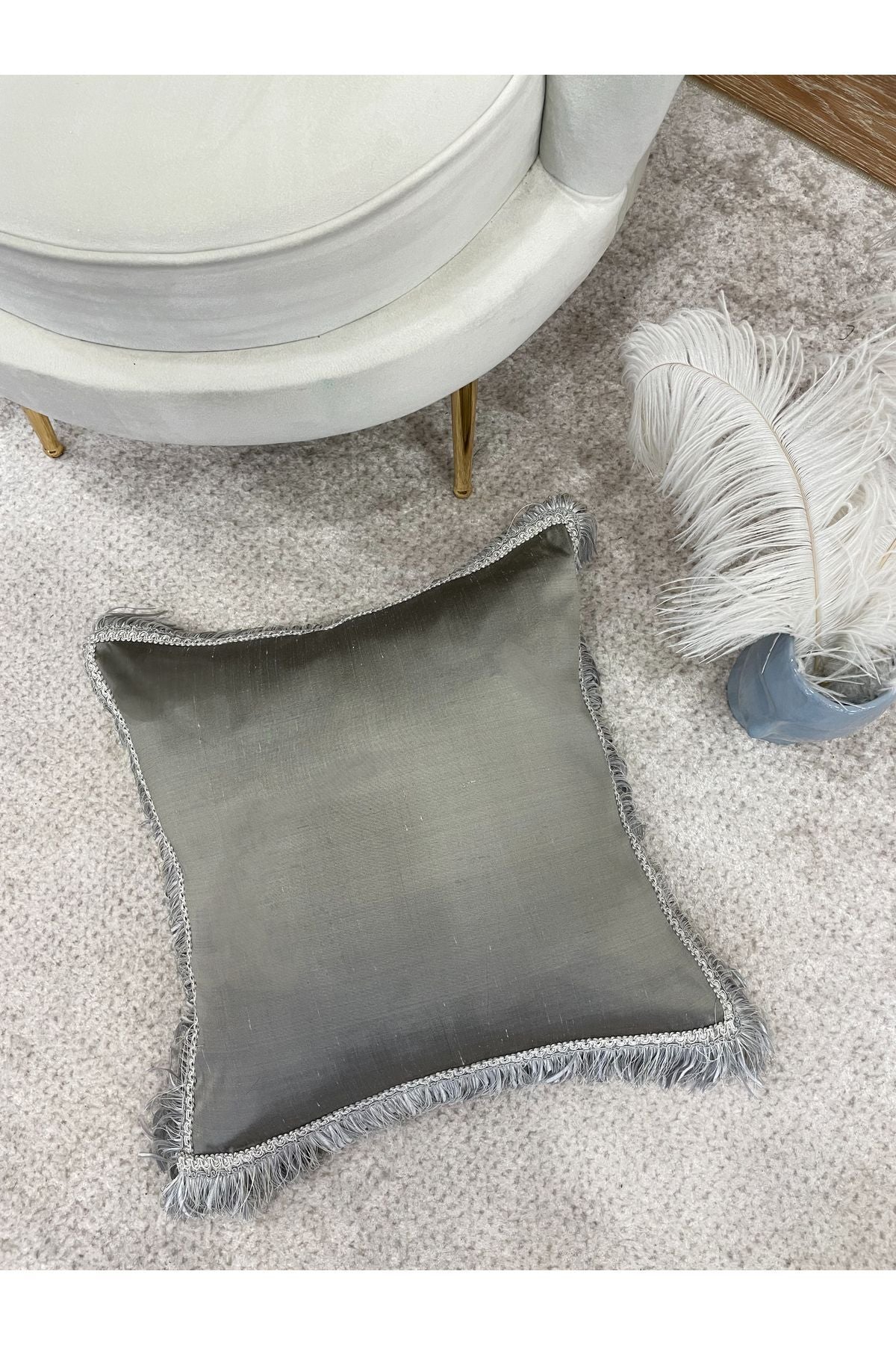 İthal Ipek (silk) Kırlent Yastık Kılıfı Kordonlu 45X45 GRİ