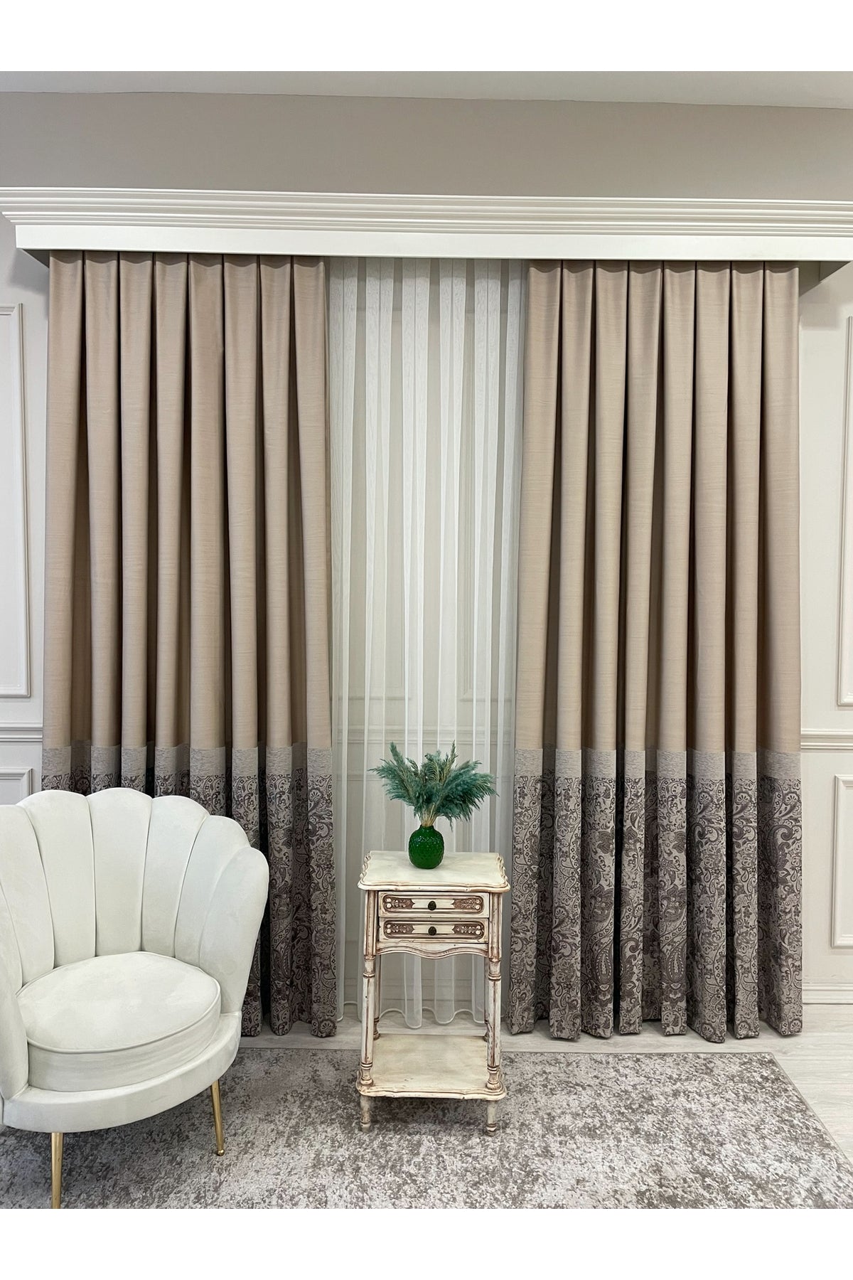 Gray Shawl Pattern 1/3 TIGHT PLEAT Jacquard Woven Blackout Curtain