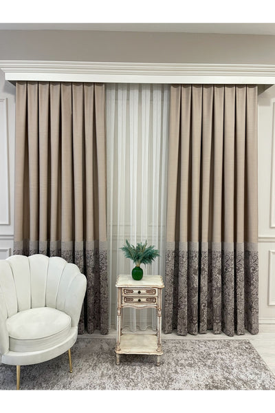 Gray Shawl Pattern 1/3 TIGHT PLEAT Jacquard Woven Blackout Curtain