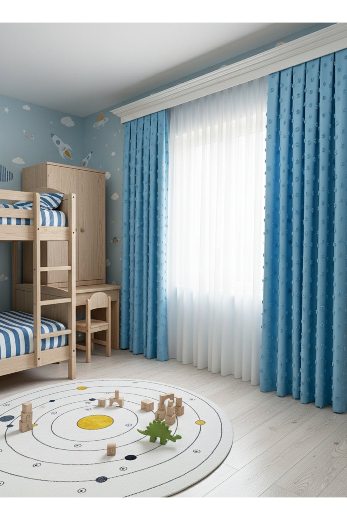 Blue Children's Room Pompom Puffy Blackout Curtain 1/3 Dense Pleating