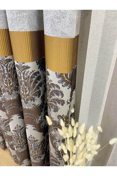 Gray Brown Damask Pattern Jacquard 1/3 Tight Pleat Jacquard Blackout Curtain