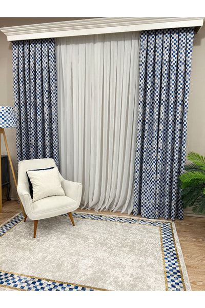 1/3 Dense Pleated Checkered Curtain Panel - Blue