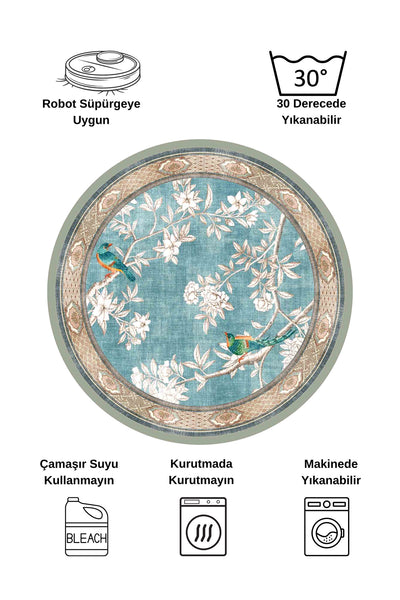 Soft Blue Bird Pattern Bordered Non-Slip Rug