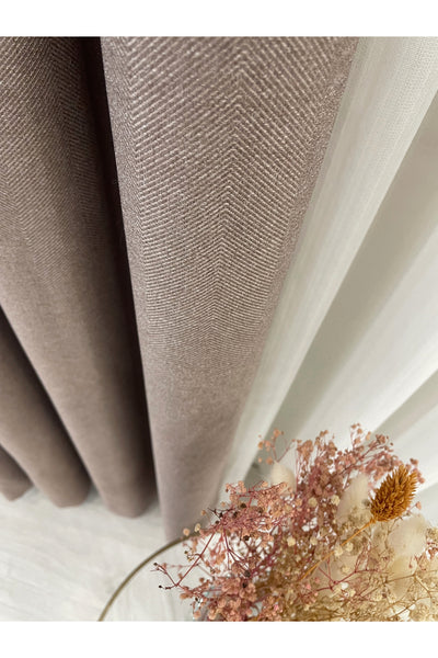 Heathered Milky Brown Linen-Look 1/3 Dense Pleated Blackout Curtain