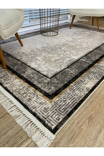 Vilmar Modern Striped Latex Leather Base Fringed Rug - Beige