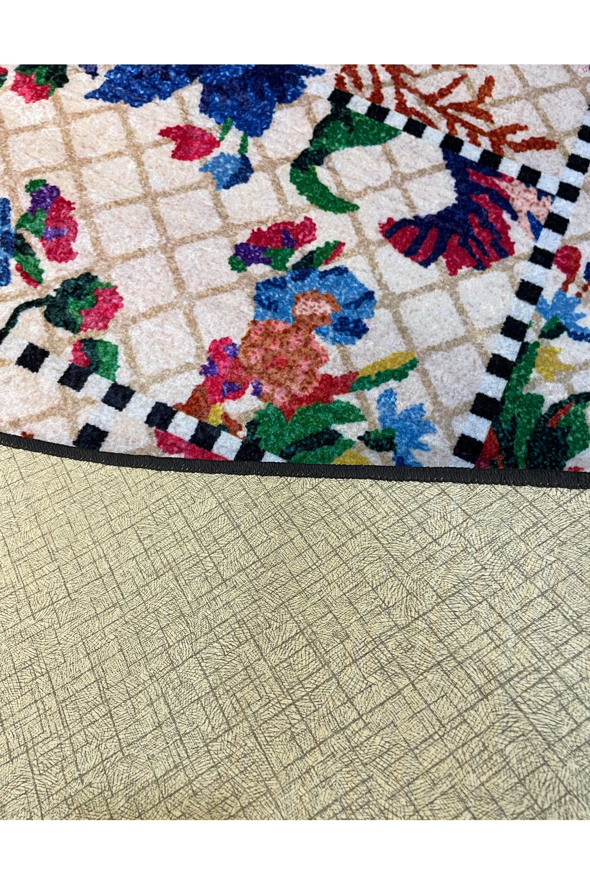 Beige Black Floral Checkered Kitchen Rug