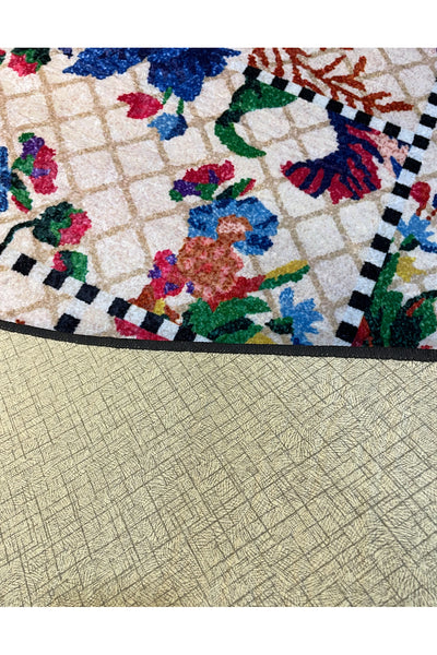 Beige Black Floral Checkered Kitchen Rug