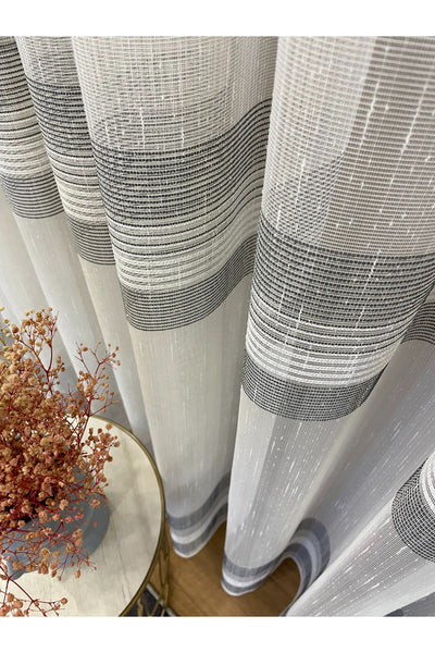 Modern Shantung 3-Row Banded 1/2.5 Pleat - Ecru/Gray Sheer Curtain