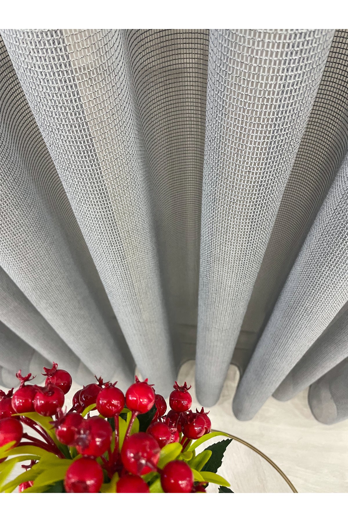 BEIGE-GRAY Modern Textured Knit 1/3 Dense Pleat Sheer Curtain