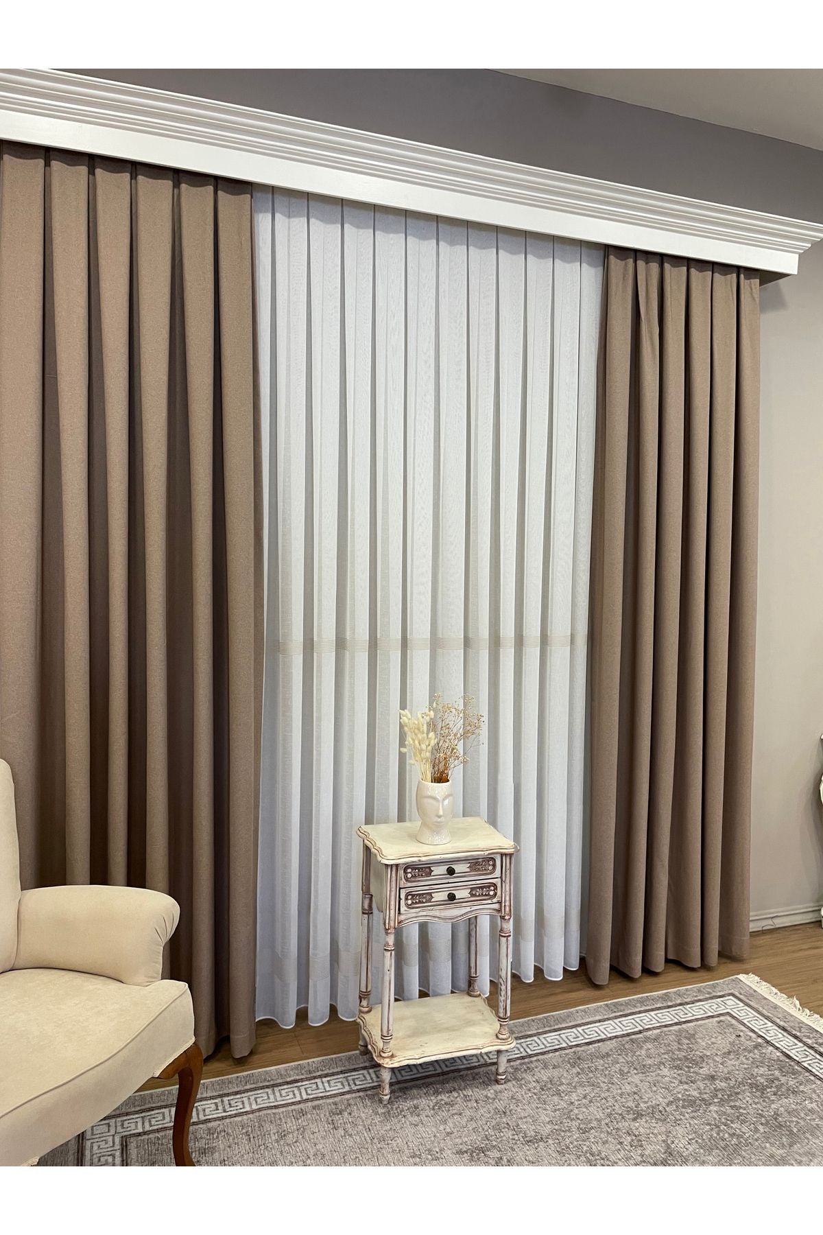 Linen-Look Banded 1/3 Dense Pleated - Ecru/Grey Sheer Curtain