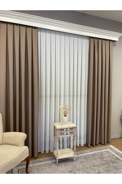 Linen-Look Banded 1/3 Dense Pleated - Ecru/Grey Sheer Curtain