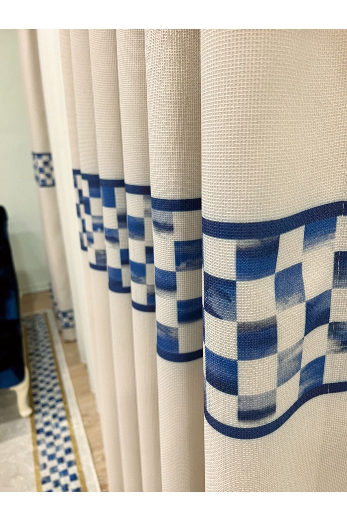 1/3 Dense Pleated Checkered Curtain Panel - Beige-Blue