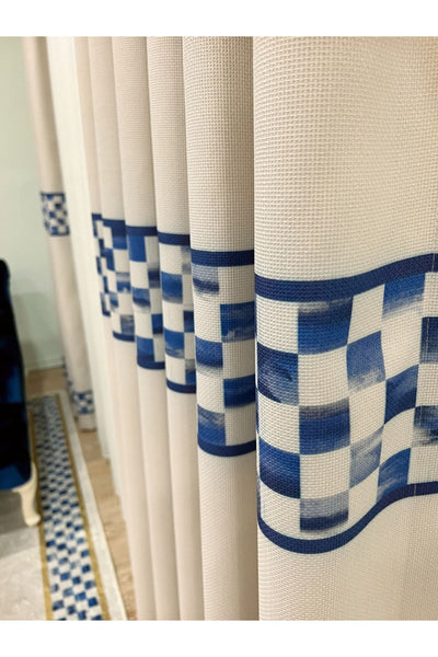 1/3 Dense Pleated Checkered Curtain Panel - Beige-Blue