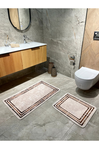 Beige Striped 2-Piece Leather Base Bathroom Mat Set (60x100 - 60x50)