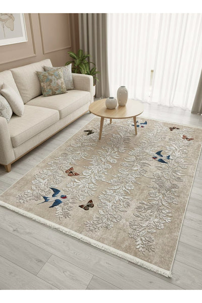 BEIGE - Embroidery-Look Bird Motif Latex Base Runner Rug