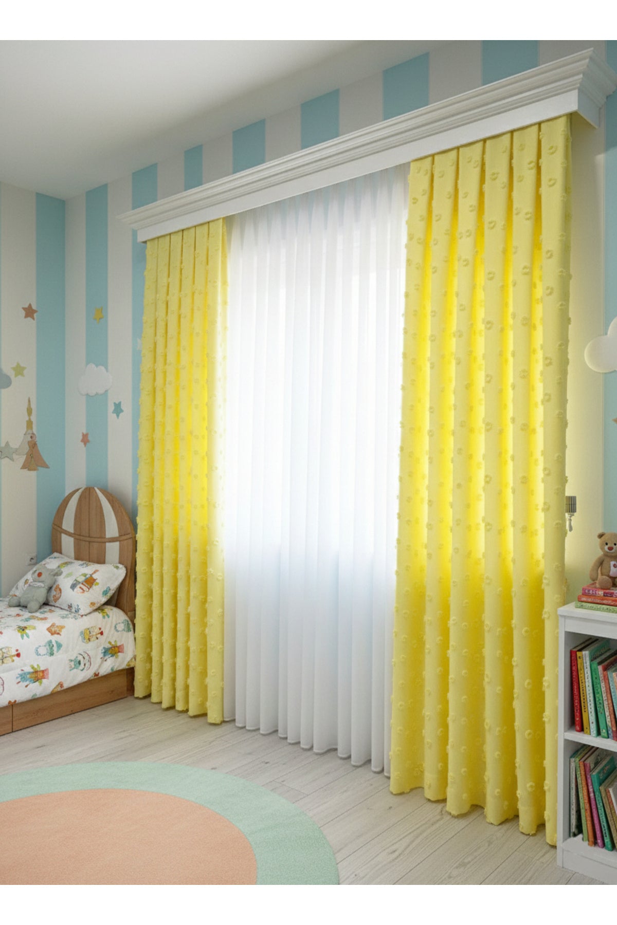 Blue Children's Room Pompom Puffy Blackout Curtain 1/3 Dense Pleating