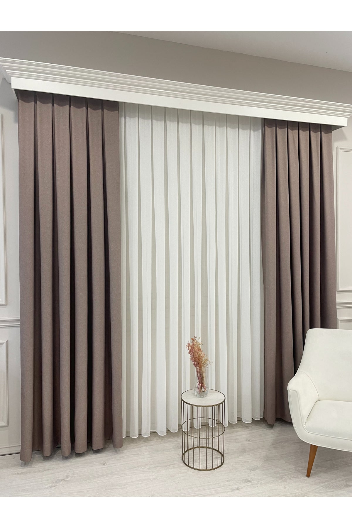 Heathered Milky Brown Linen-Look 1/3 Dense Pleated Blackout Curtain