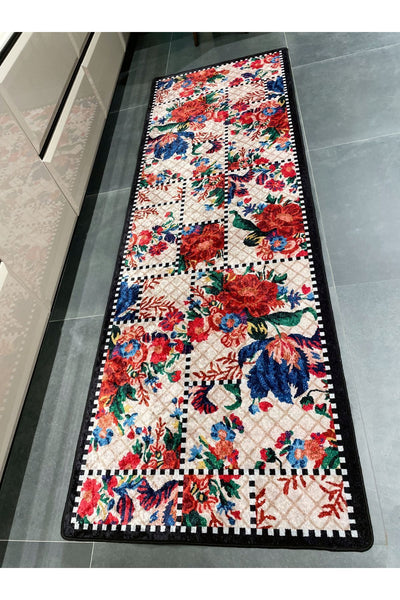 Beige Black Floral Checkered Kitchen Rug