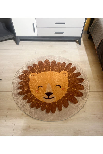 Lion Patterned Washable Kids Baby Rug - Beige Brown