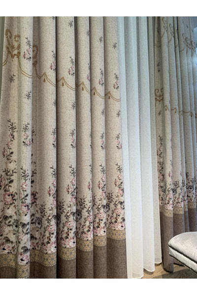 Country Collection 1/3 Dense Pleated Natural Linen Floral Blackout Curtain