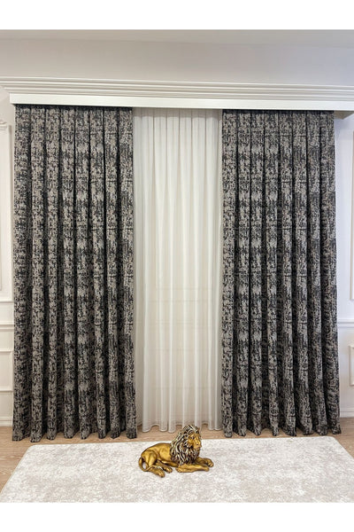 Orange - Brown Abstract Pattern 1/3 Tight Pleat Jacquard Woven Blackout Curtain