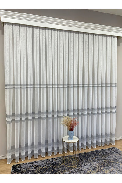 Modern Shantung 3-Row Banded 1/2.5 Pleat - Ecru/Gray Sheer Curtain