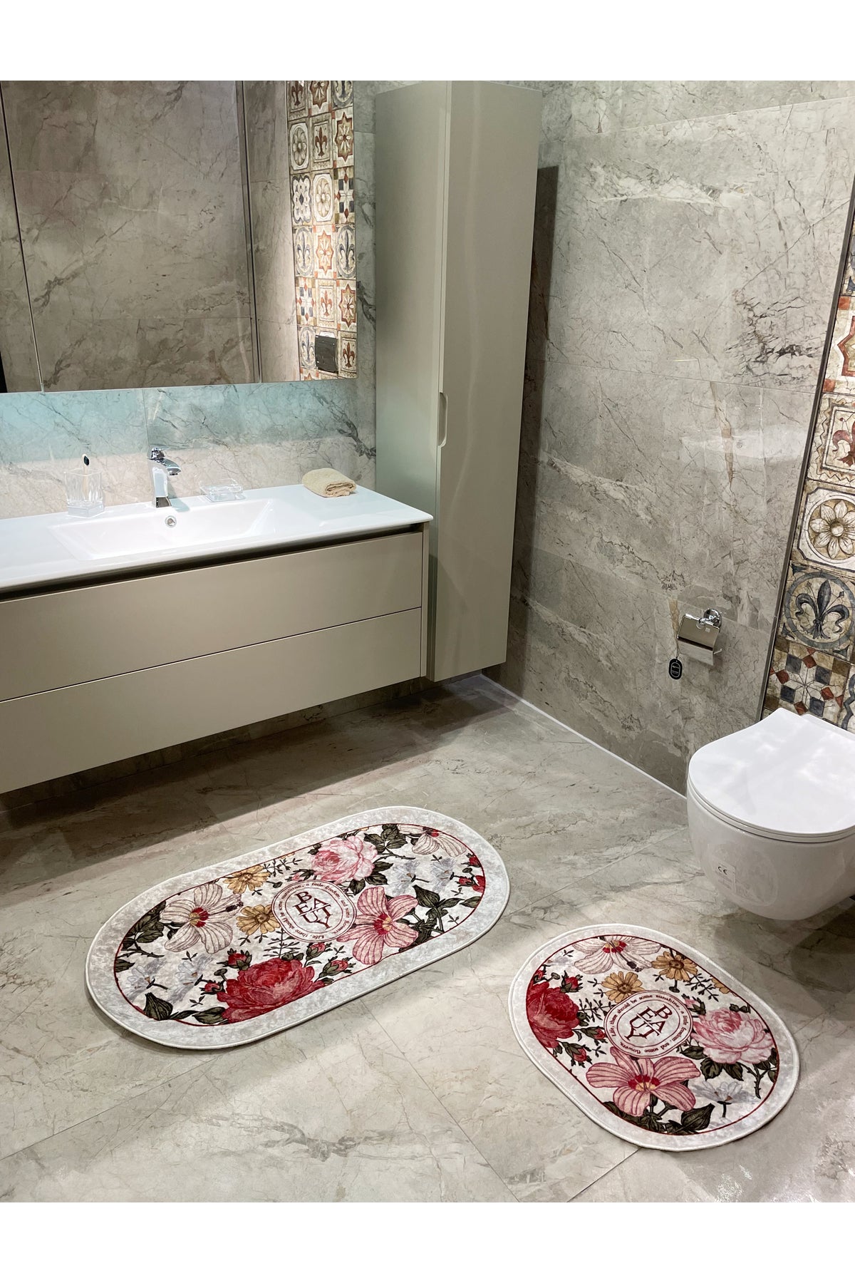 2-Piece Floral Pattern 60x100 - 60x50 Beauty Latex-Backed Bath Mat Set