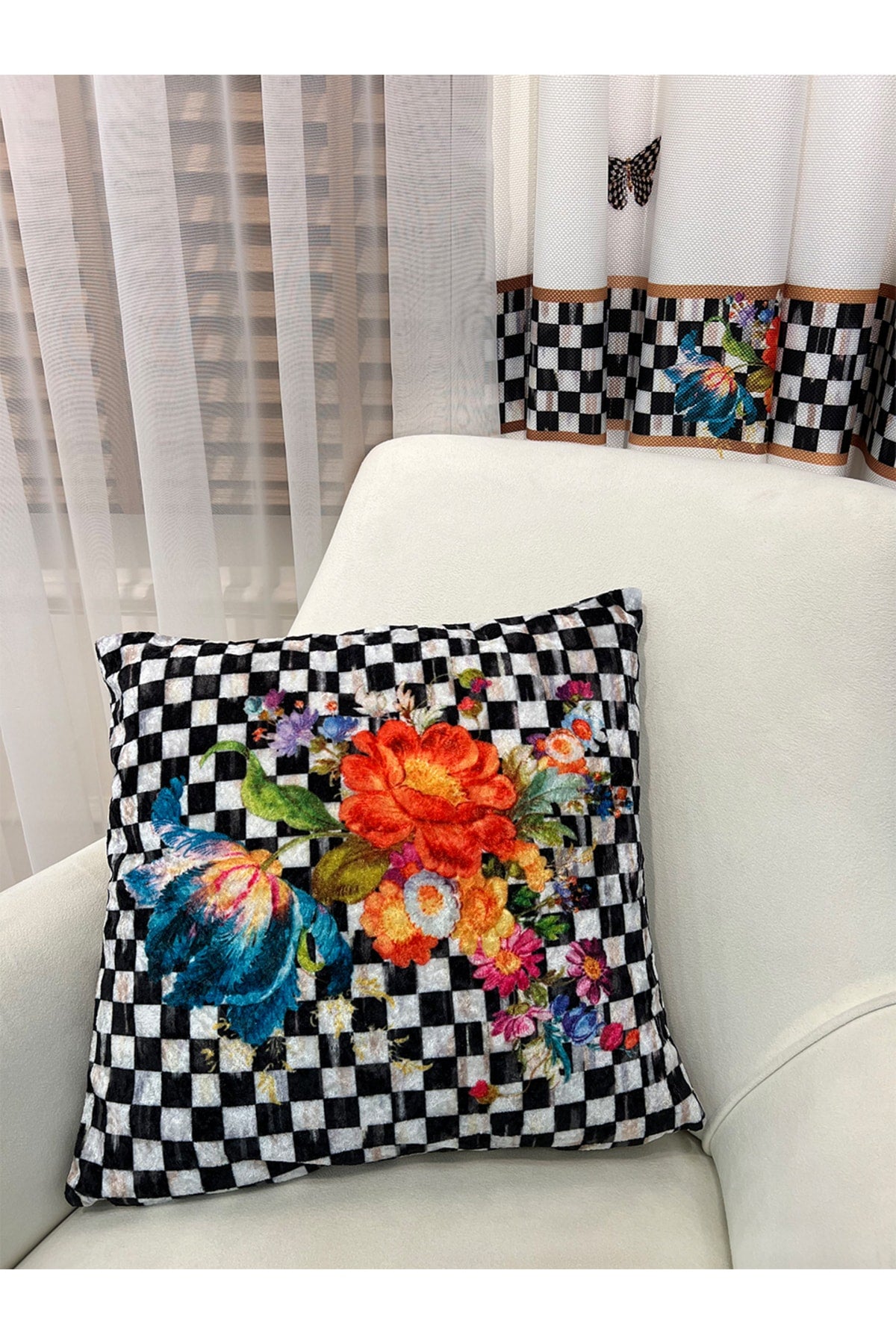 %100 Velvet Floral Print Cushion Cover (Colorful)