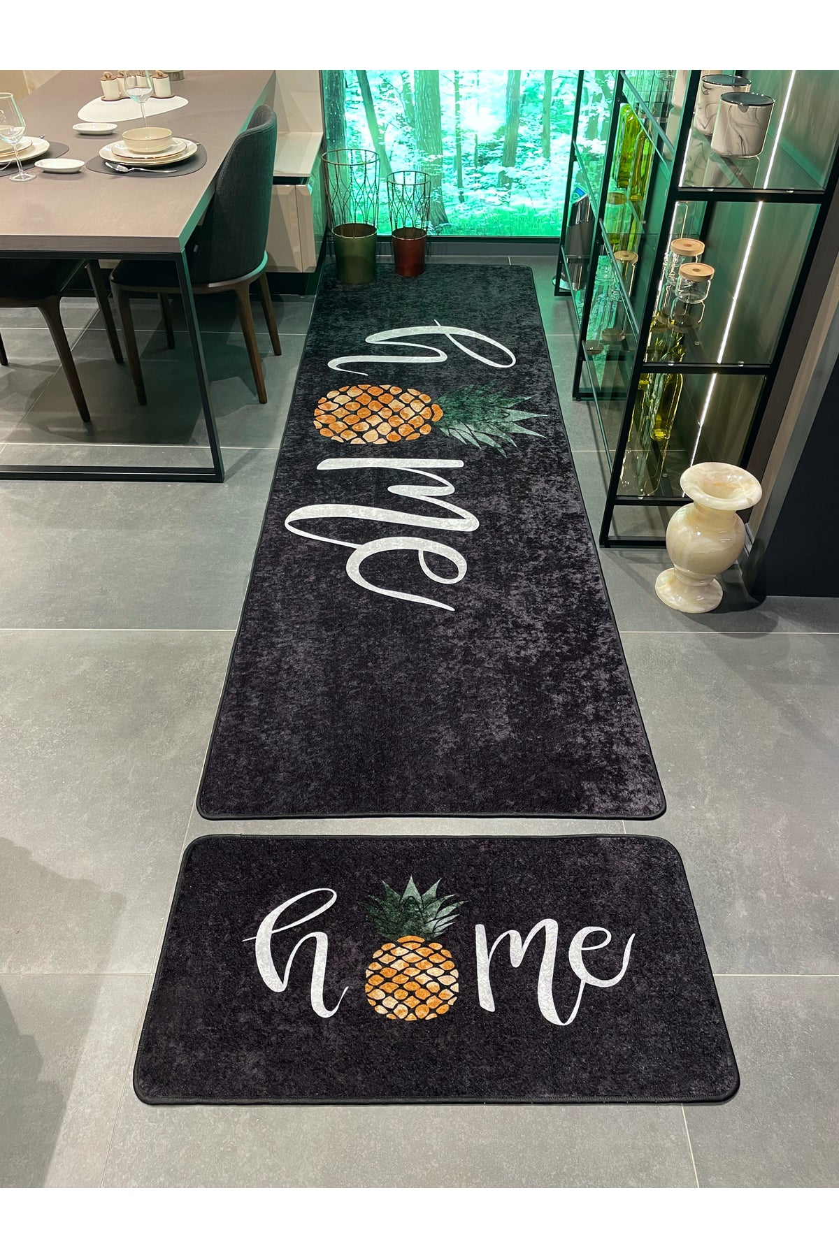 Home Pattern Latex Leather Base Kitchen Rug - BLACK