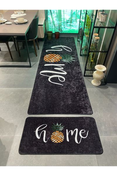 Home Pattern Latex Leather Base Kitchen Rug - BLACK