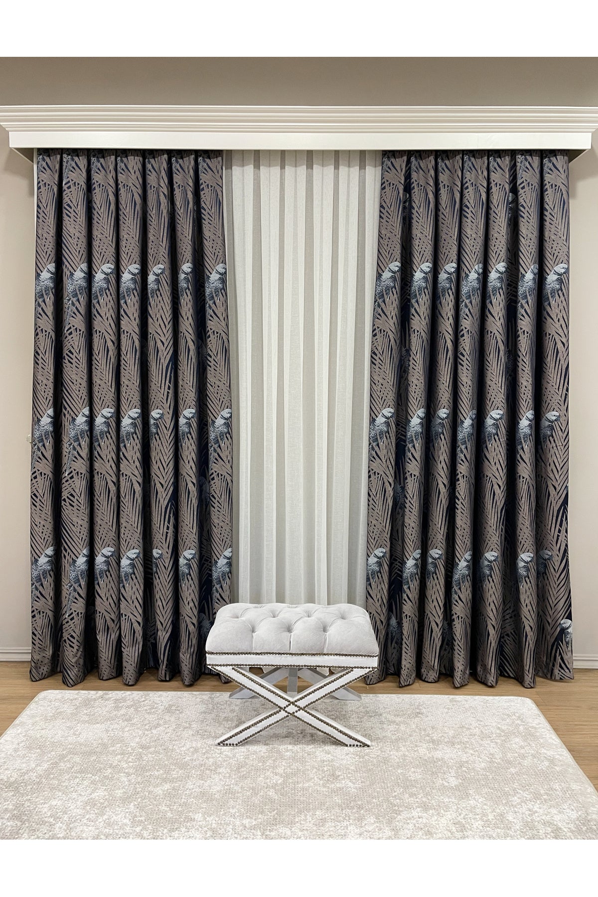Brown-Navy Blue Bird Patterned 1/3 Dense Pleated Blackout Curtain