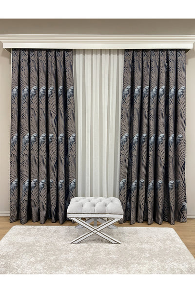 Brown-Navy Blue Bird Patterned 1/3 Dense Pleated Blackout Curtain