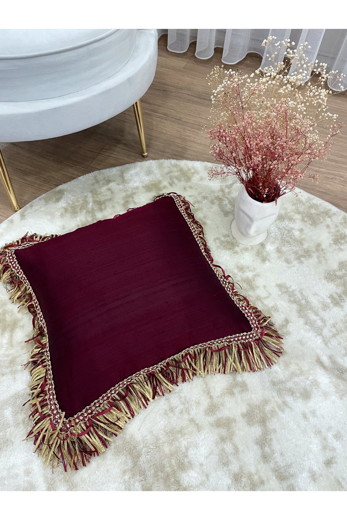 İthal Ipek (silk) Kırlent Yastık Kılıfı Kordonlu 45X45 BORDO